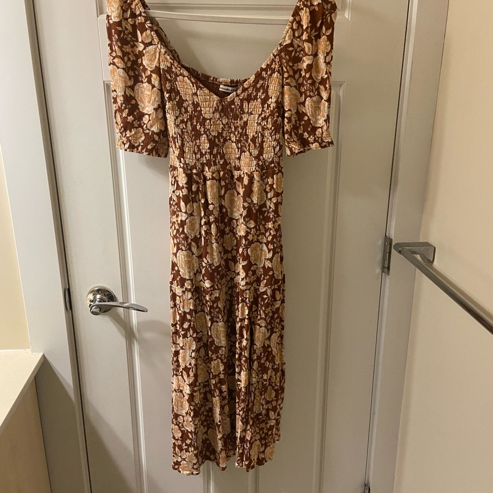 Abercrombie & Fitch Brown Tan Ruffled Smocked Midi Sundress